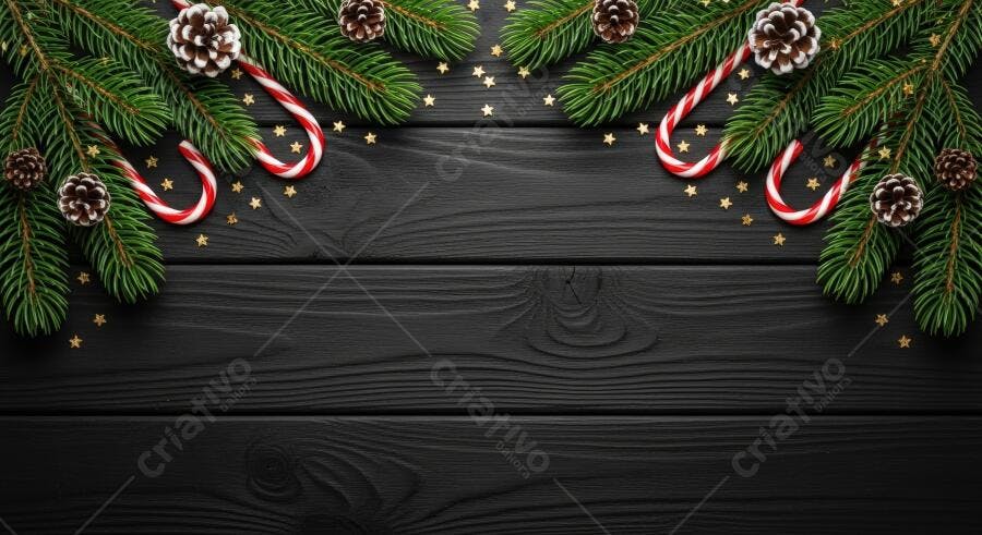 Decoração de Natal elegante com pinhas e bengalas doces em fundo de madeira preta