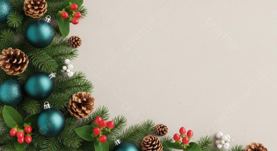 Decoração natalina com galhos de pinho bolas turquesa e pinhas em fundo claro