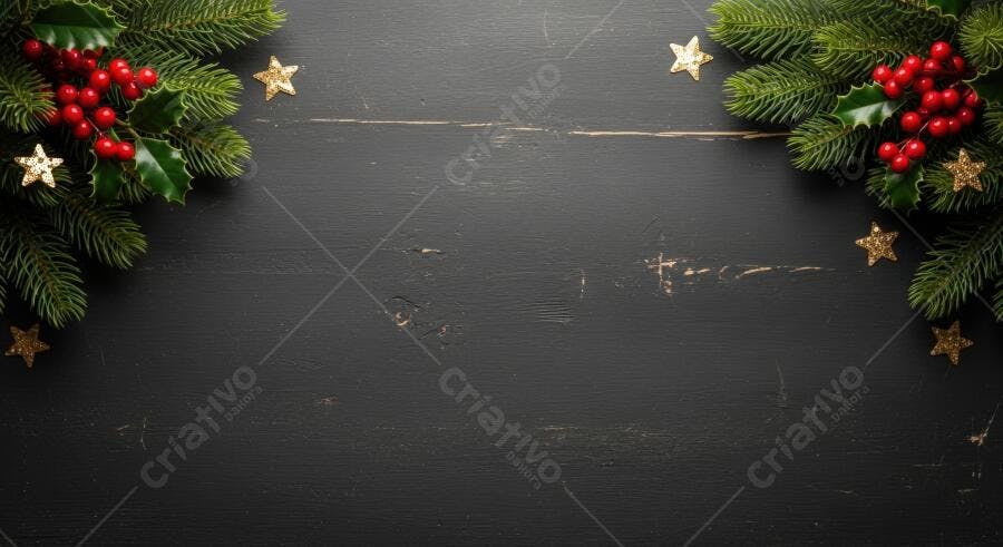Decoração de Natal ramos de pinheiro azevinho e estrelas douradas em fundo escuro de madeira rústica