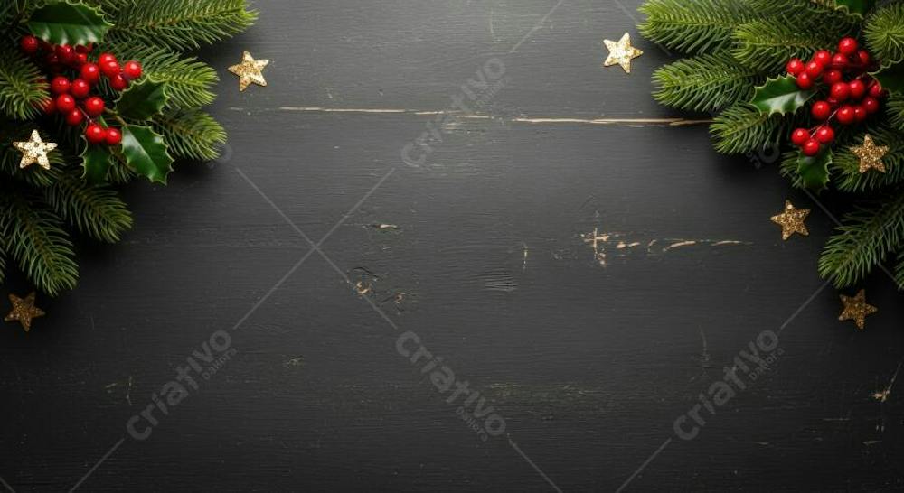 Christmas decoration pine branches holly and golden stars on dark ...
