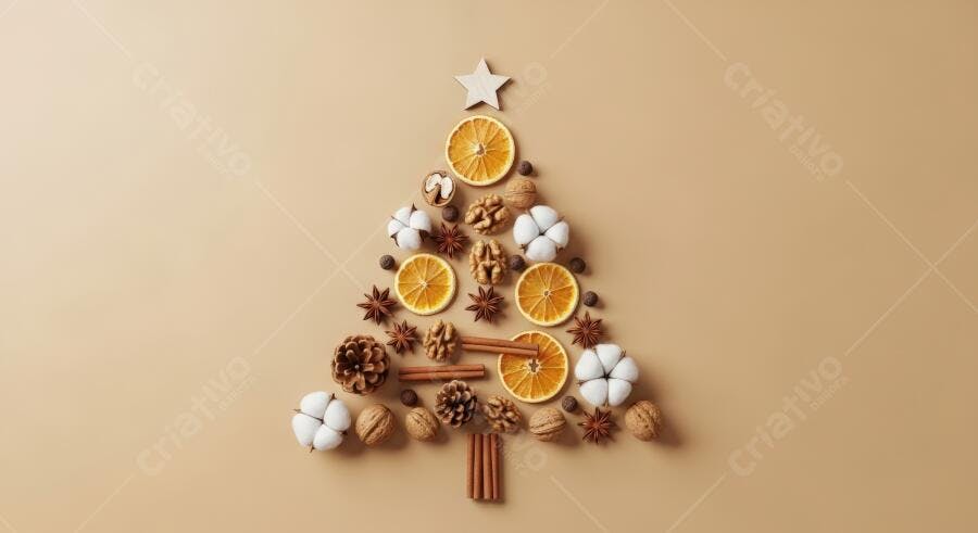 Árvore de Natal rústica com especiarias e frutas secas em fundo bege