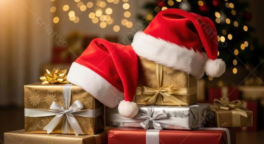 Presentes de Natal e gorros de Papai Noel em ambiente festivo iluminado