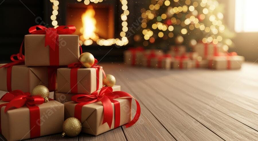 Presentes de Natal embrulhados em kraft com laços vermelhos em frente a lareira e árvore iluminada