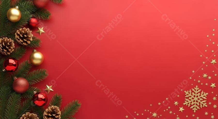 Decoração natalina fundo vermelho com galhos pinhas bolas douradas e estrelas