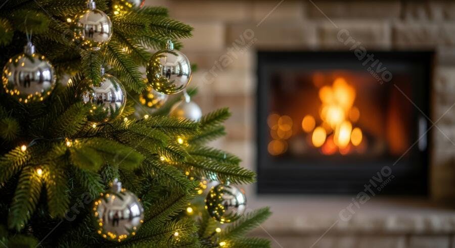 Árvore de Natal decorada com luzes e lareira acesa no fundo