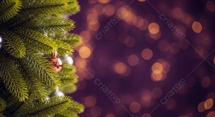 Ramo de árvore de Natal verde com bola de cobre e luzes festivas bokeh