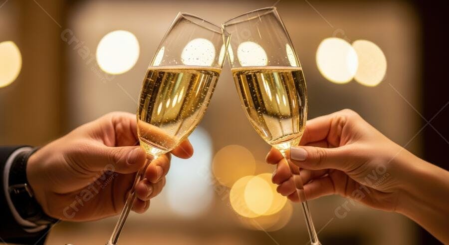 Mãos brindando com taças de champanhe dourado em festa elegante
