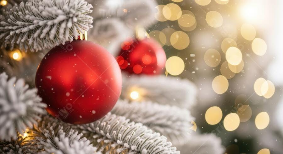 Bolas de Natal vermelhas em pinheiro nevado com luzes douradas e brilhos festivos