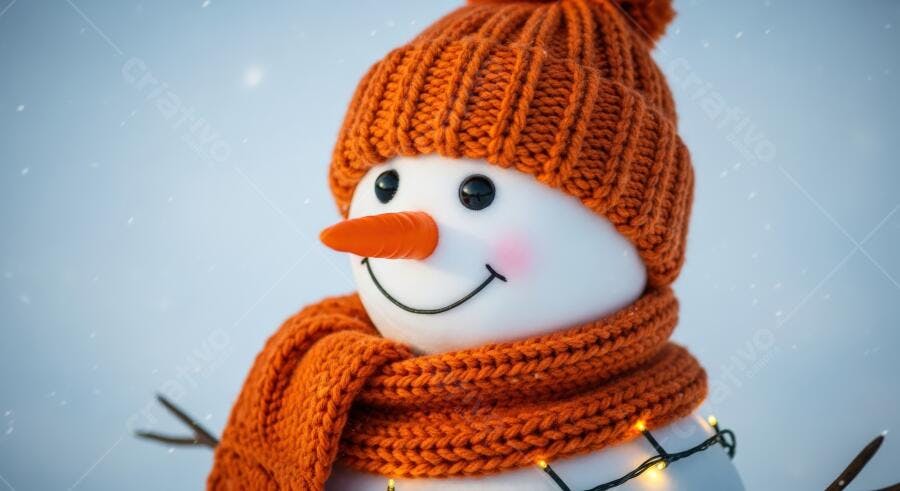 Boneco de neve alegre com gorro e cachecol laranja em dia nevado