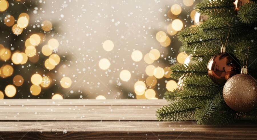 Árvore de Natal com bolas douradas e neve caindo sobre mesa de madeira