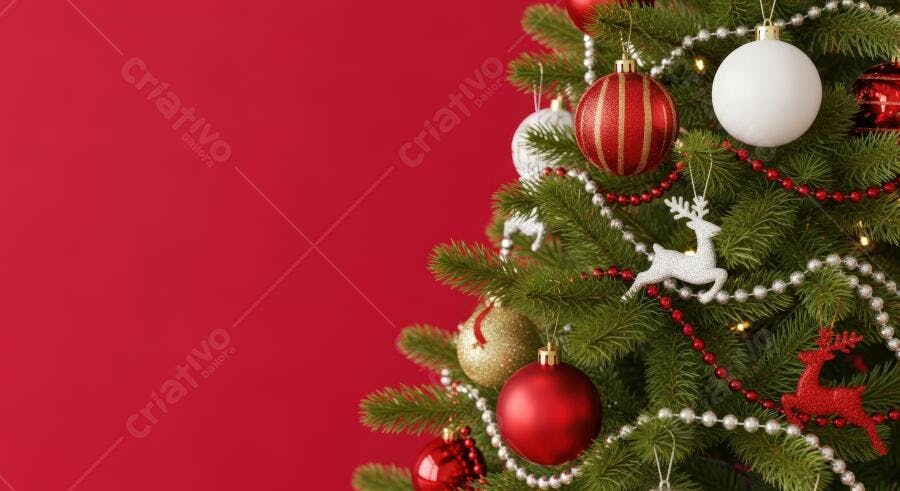 Árvore de Natal decorada com bolas e renas em fundo vermelho vibrante