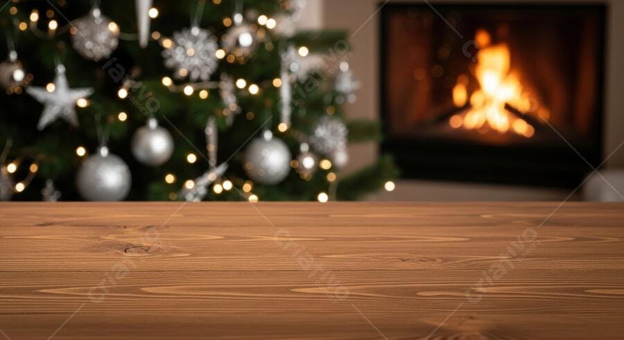 Fundo de Natal com mesa de madeira pinho árvore decorada e lareira acesa