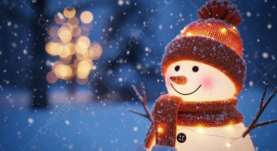 Boneco de neve iluminado sorrindo em noite nevada de inverno