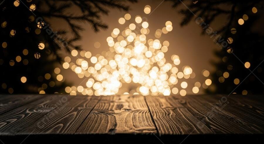 Mesa de madeira rústica escura com luzes bokeh douradas e pinheiros de Natal ao fundo