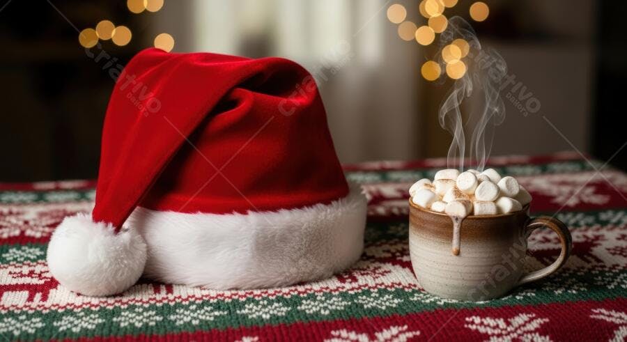 Gorro de Papai Noel vermelho com chocolate quente e marshmallows em manta natalina