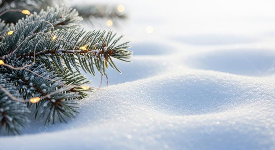 Galho de pinheiro nevado com luzes de Natal em fundo de neve branca