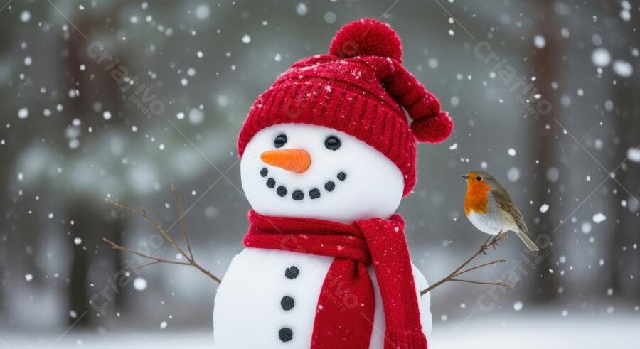 Boneco de neve com gorro vermelho e cachecol na floresta nevada com pássaro