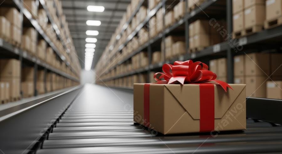 Caixa de presente com laço vermelho em esteira de armazém para envio logístico