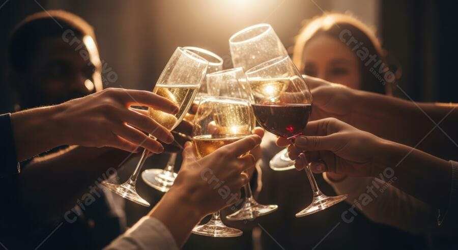 Amigos brindando com taças de vinho e champanhe em festa noturna com luz dourada