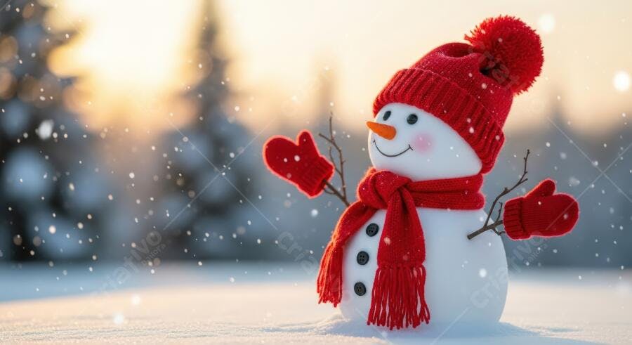 Boneco de neve alegre com gorro e cachecol vermelho na neve ao pôr do sol