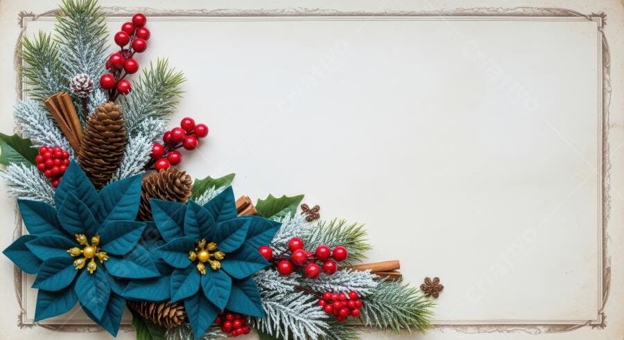 Poinsétias azuis com pinhas e azevinho em borda de Natal festiva