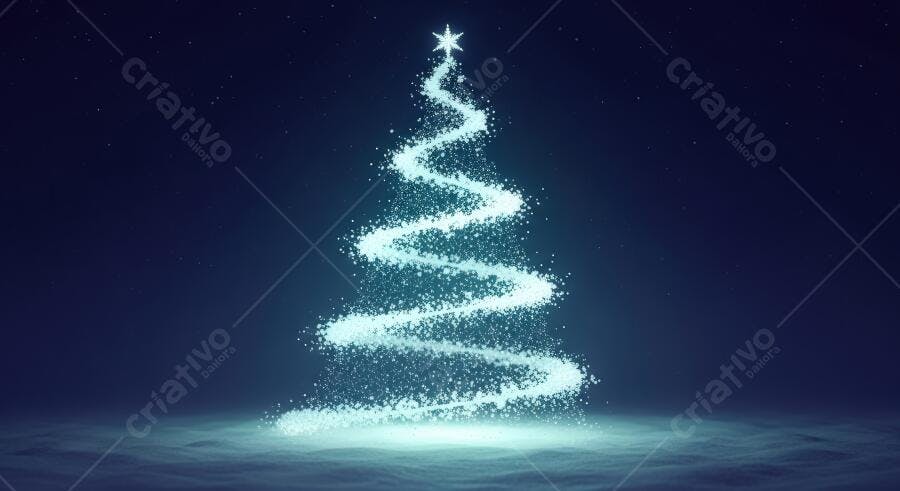 Árvore de Natal mágica de luzes azuis cintilantes em céu estrelado noturno