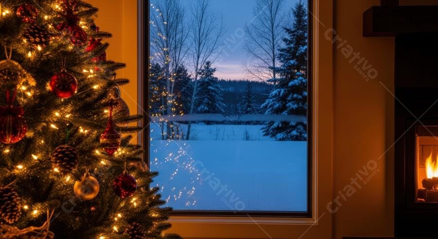 Árvore de Natal iluminada com vista para paisagem nevada e lareira acesa