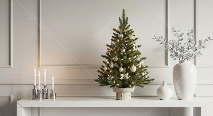 Árvore de Natal decorada com luzes e enfeites prateados em um ambiente branco minimalista
