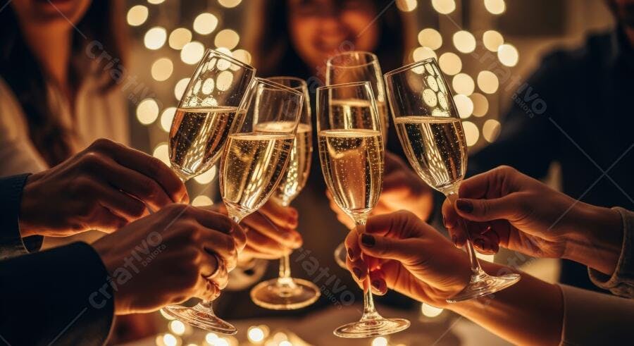 Pessoas brindando com champanhe em festa noturna com luzes douradas