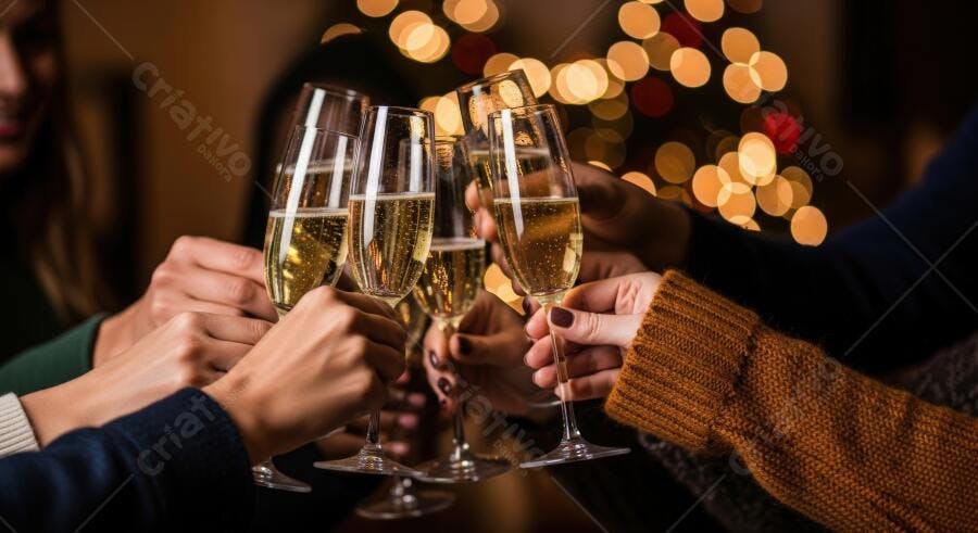 Grupo de amigos brindando com champanhe dourado em festa de fim de ano à noite