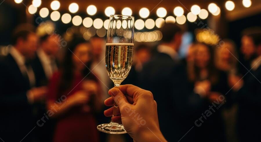 Mão brindando com taça de champanhe em festa noturna com luzes bokeh