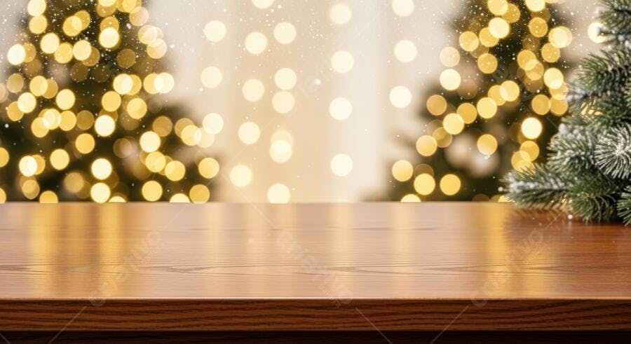Mesa de madeira com luzes de Natal bokeh e ramos de pinheiro nevados ao fundo