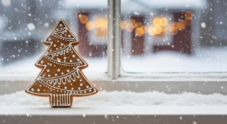 Biscoito de gengibre árvore de Natal na janela nevada com luzes quentes