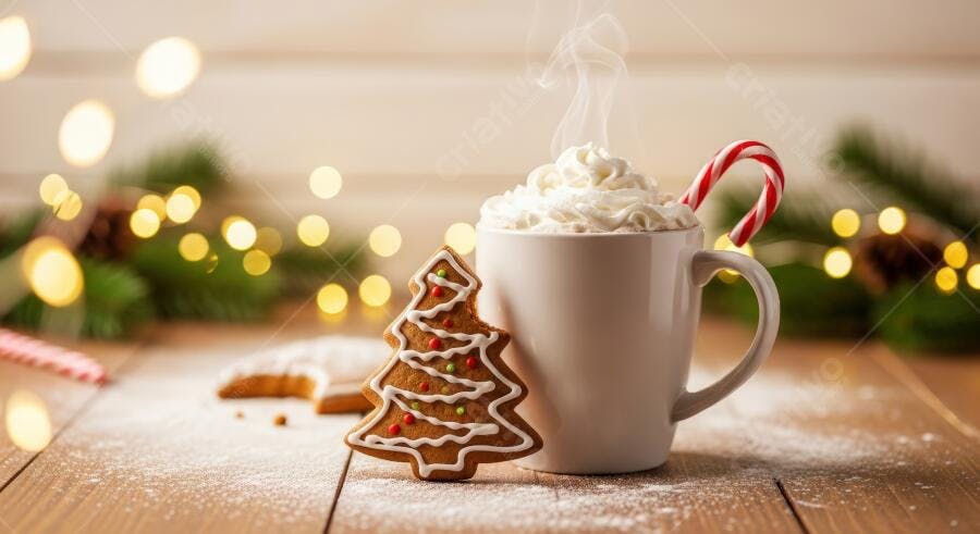 Caneca de chocolate quente com biscoito de gengibre e bengala natalina