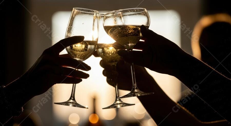 Mãos brindando com taças de champanhe dourado ao pôr do sol festivo