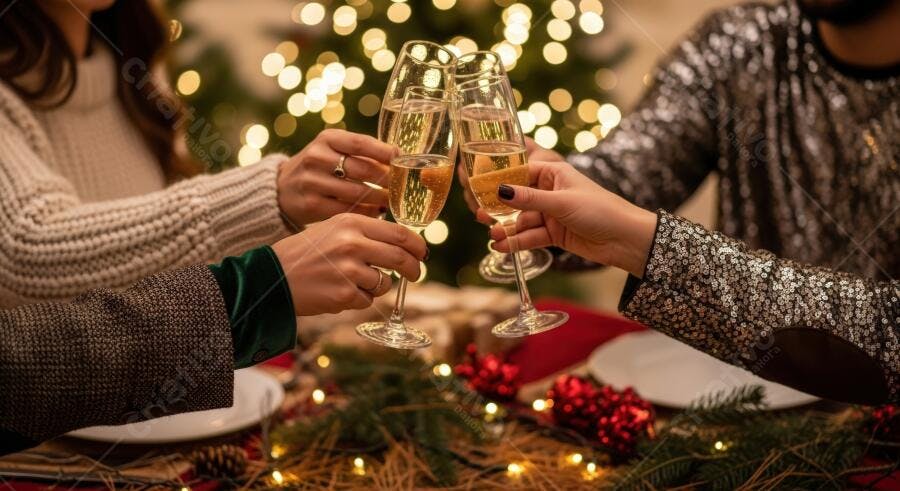 Mãos brindando com taças de champanhe em celebração natalina