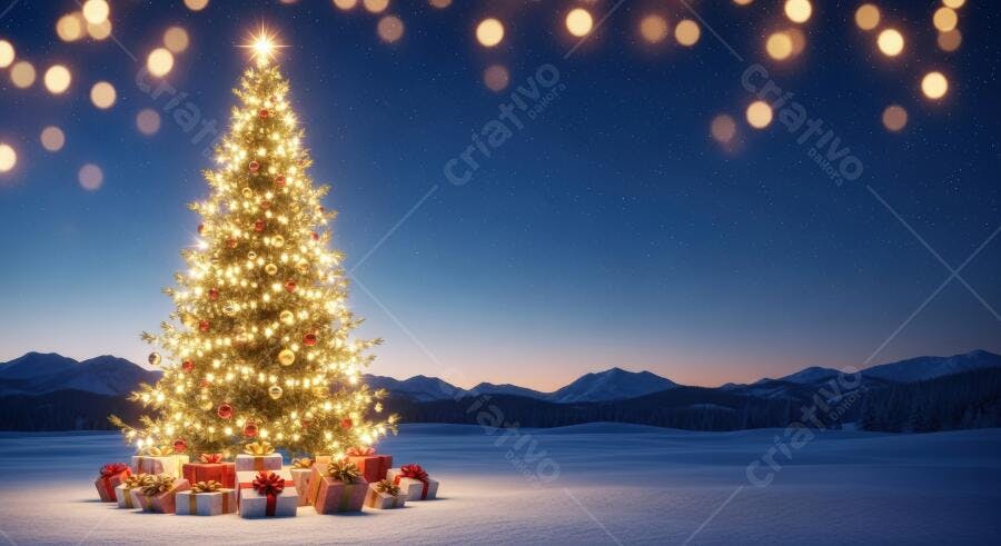 Árvore de Natal iluminada com presentes em paisagem nevada sob o céu noturno azul
