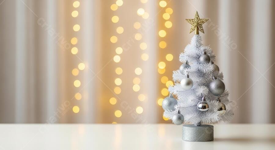Árvore de Natal branca pequena com enfeites prata e estrela dourada fundo bokeh