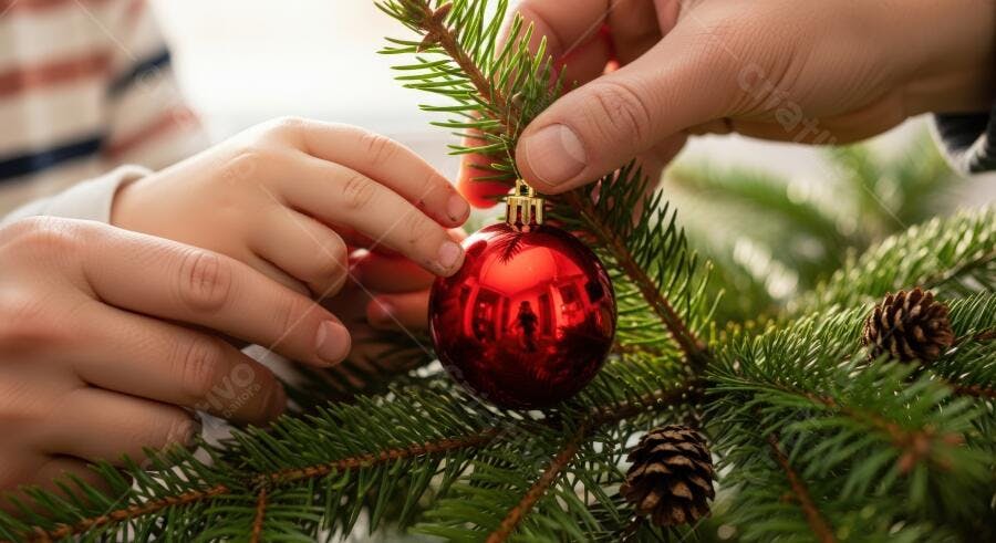Mãos de adulto e criança decorando árvore de Natal com bola vermelha festiva