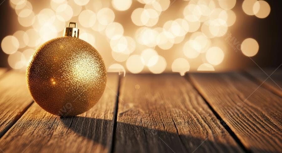 Bola de Natal dourada com glitter em mesa de madeira rústica e luzes festivas