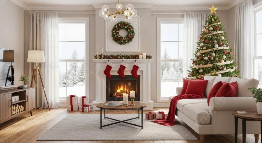 Sala de estar de Natal aconchegante com lareira acesa e árvore decorada para o inverno