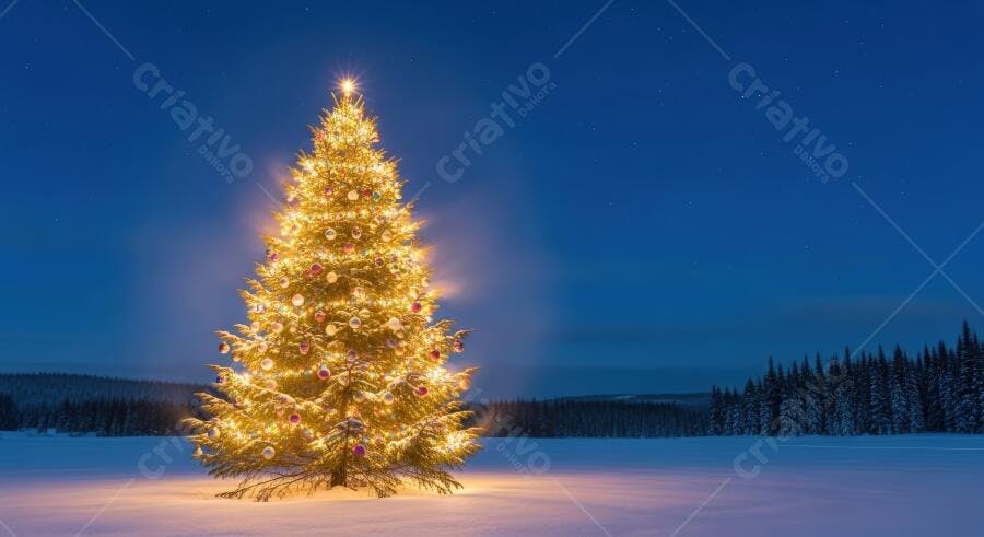 Árvore de Natal dourada iluminada em paisagem noturna nevada