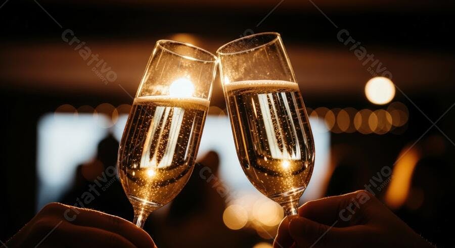 Duas taças de champanhe douradas brindando em celebração noturna com bokeh