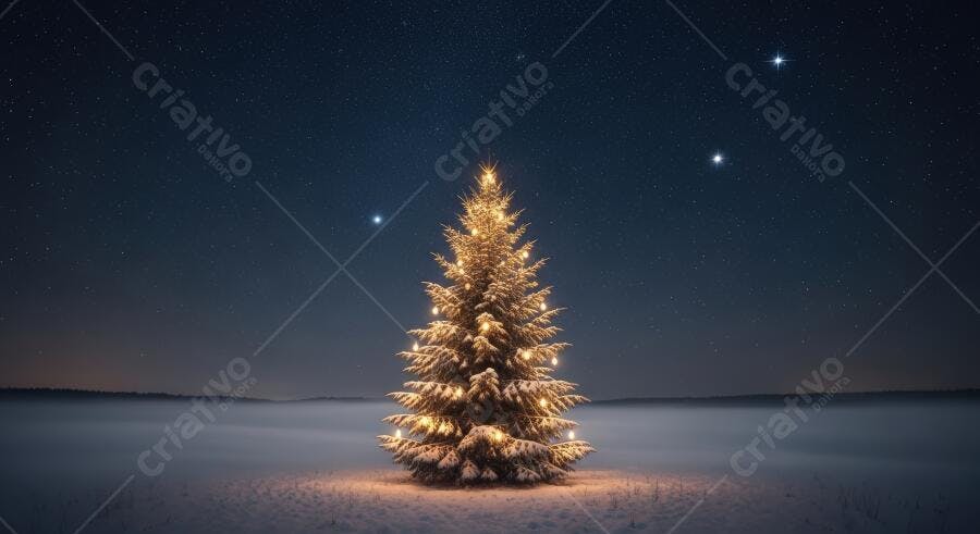 Árvore de Natal iluminada na neve sob céu estrelado à noite