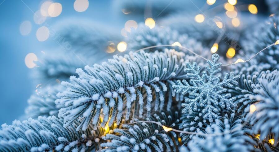 Galho de pinheiro nevado com luzes de Natal e floco de neve decorativo