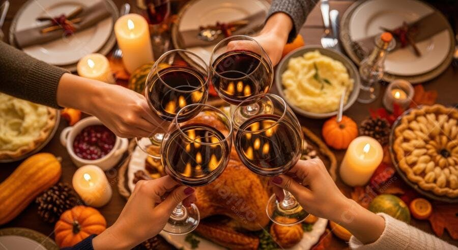 Quatro mãos brindando com vinho tinto na mesa de jantar de Ação de Graças com peru