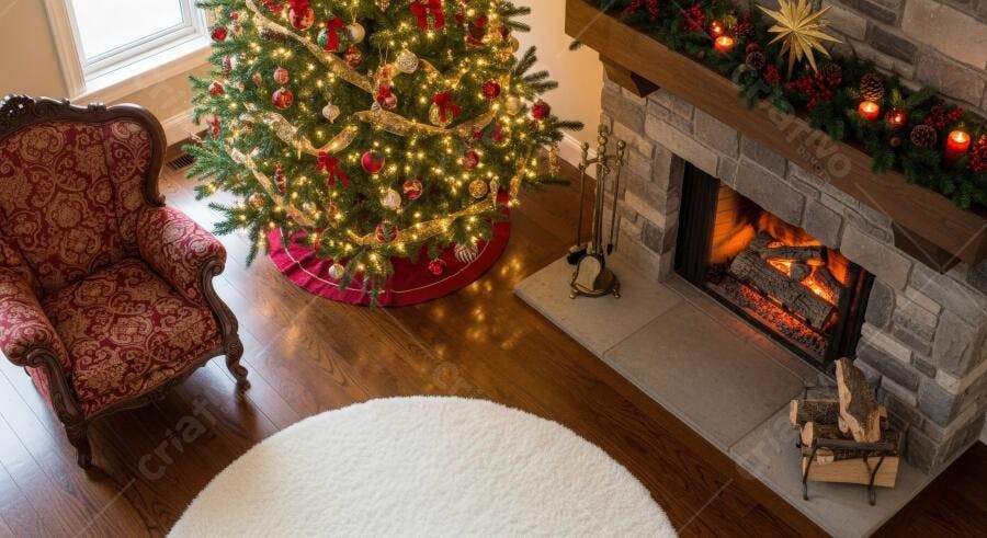 Árvore de Natal decorada e lareira acesa em sala de estar aconchegante