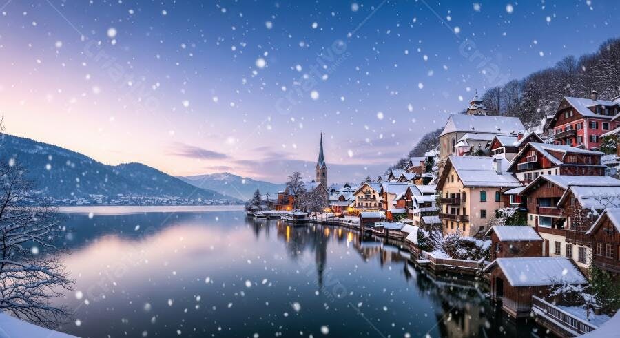 Vila alpina de Hallstatt nevando ao entardecer com lago e montanhas