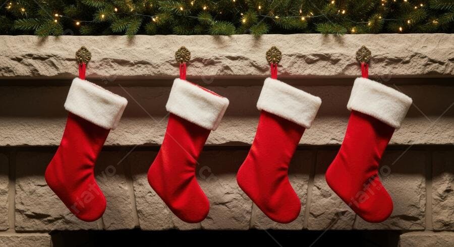 Quatro meias de Natal vermelhas e brancas em lareira de pedra com luzes