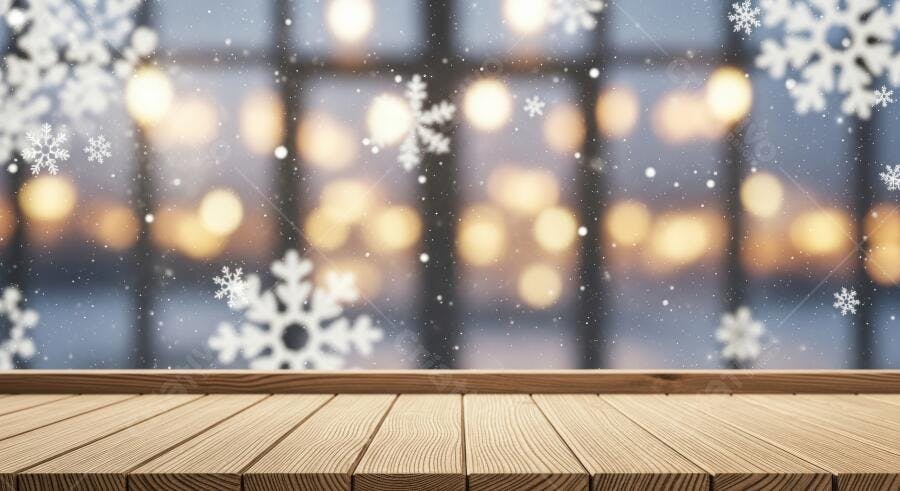 Mesa de madeira rústica com flocos de neve e luzes bokeh festivas